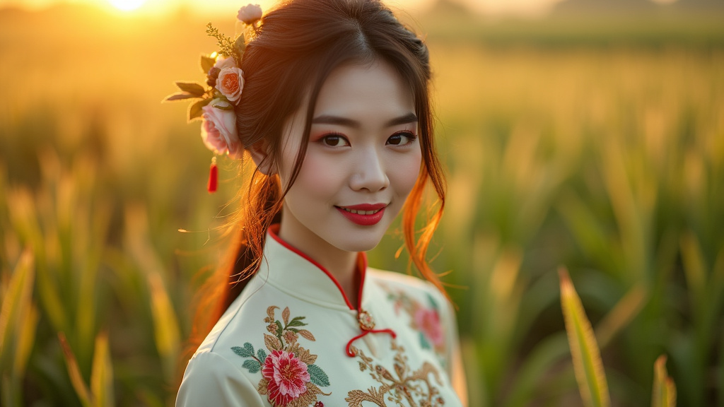 A beautiful Vietnamese woman wearing a traditional Ao Dai, intricately embroidered with floral patterns, standing gracefully in a serene rice field under the golden hour light, capturing the essence of Vietnamese culture.