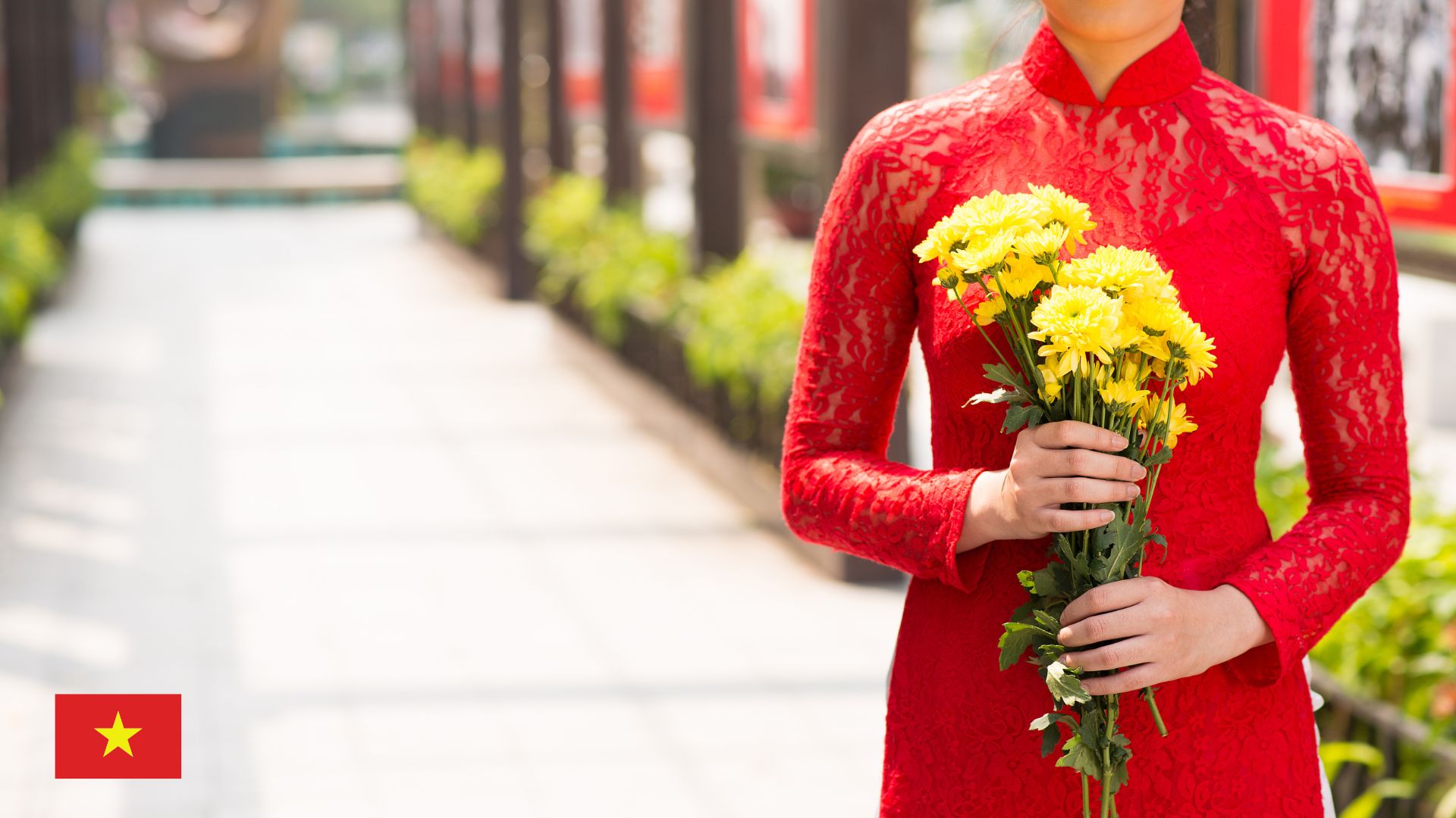 Seorang wanita mengenakan áo dài merah dengan detail renda, memegang seikat bunga krisan kuning. Latar belakangnya adalah jalan setapak berbayang dengan tanaman hijau di samping, dan cahaya matahari yang lembut. Ada bendera Vietnam kecil di sudut bawah gambar.