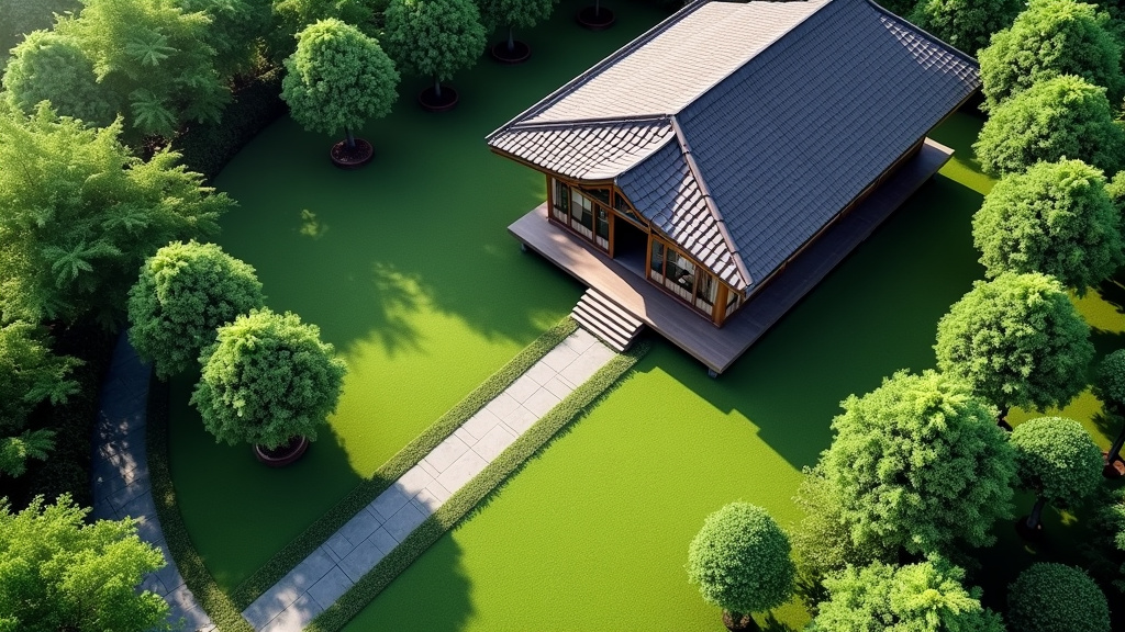 An aerial view of a small Japanese-style house surrounded by a vast green yard, showcasing the layout of the property. 